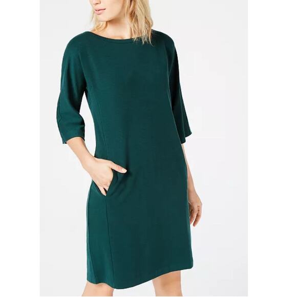 Eileen Fisher Bateau Boat Neck Ponte Knit Dress Womens XXS Green Pockets New - Picture 2 of 7